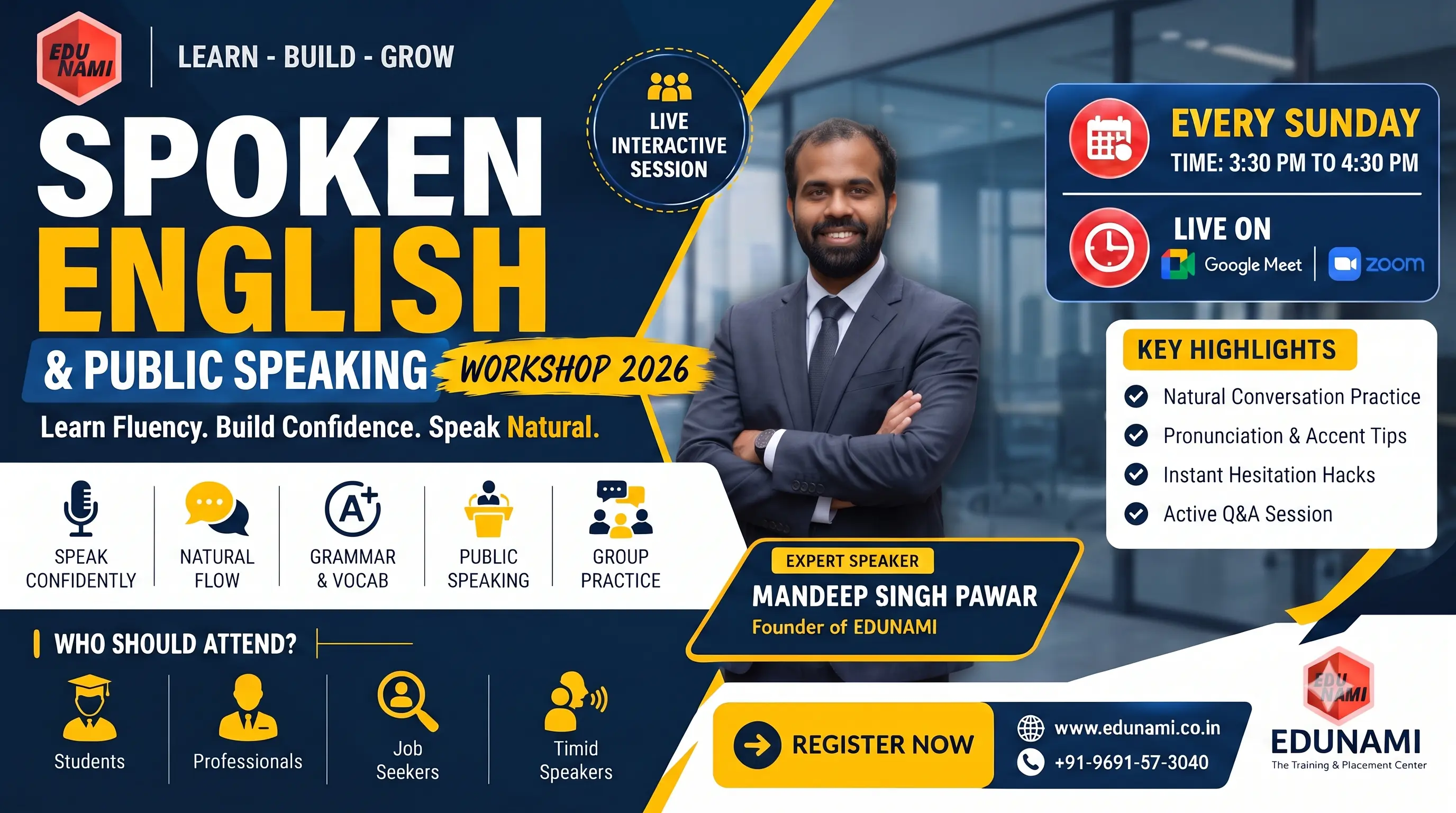 Professional trainer teaching spoken English in a live online workshop | EDUNAMI